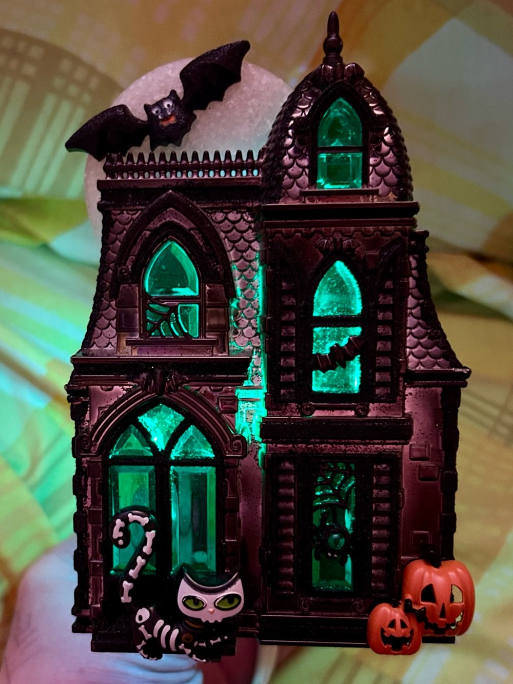 Green lit Bath & Body Works Haunted House Wallflower w/Full Moon & Skeleton Cat